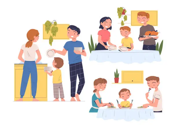 Vector illustration of Family in the Kitchen Eating Meal and Serving Dinner at Table Vector Set