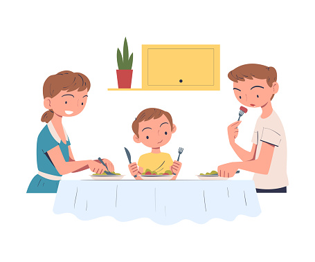 Family in the Kitchen Sitting at Table and Eating Tasty Dinner Vector Illustration. Parent with Kid Enjoying Home Activity Together