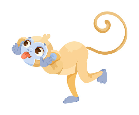 Cheerful Monkey Character with Prehensile Tail Teasing Showing Tongue Vector Illustration. Funny Ape or Primate with Protruding Ears Concept