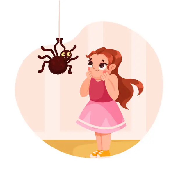 Vector illustration of Childhood Fear with Little Girl Character Afraid of Spider Vector Illustration