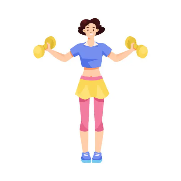 Vector illustration of Young Female Doing Sport Activity Lift Dumbbell Vector Illustration