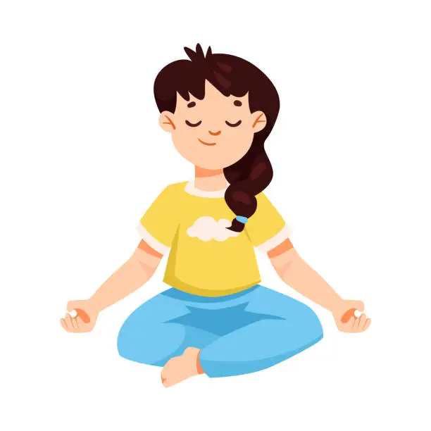 Vector illustration of Happy Little Girl Doing Sport Activity Sitting in Yoga Pose Vector Illustration