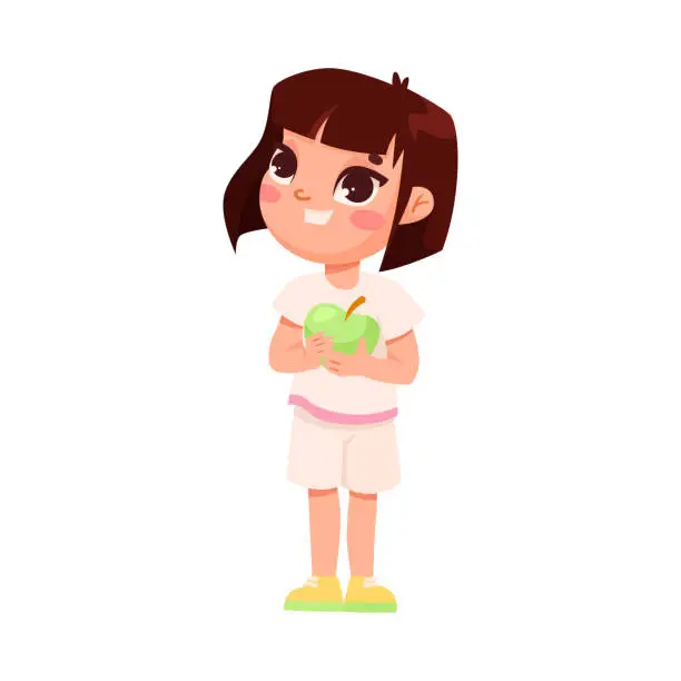 Vector illustration of Little Girl Standing with Green Apple as Helthy Food for Teeth Engaged in Dental Care Vector Illustration