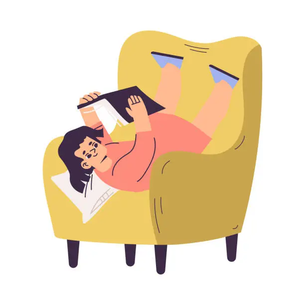 Vector illustration of Little Girl Lying in Armchair Reading Book as Children Day Activity Vector Illustration