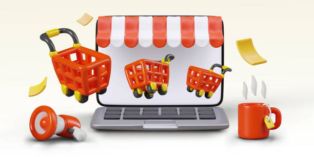 istock Composition with flying shopping cart, open laptop, megaphone, and red cup with tea 2117302610