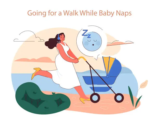 Vector illustration of Going for a Walk While Baby Naps concept.