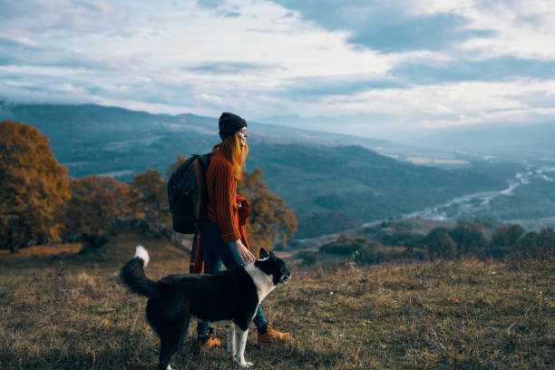 istock woman with backpack on nature next to dog walk mountain landscape 2117306884