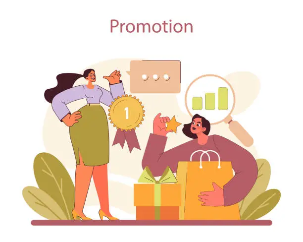 Vector illustration of Advertising and Marketing campaign. Showcasing rewards and data analysis for effective promotions.