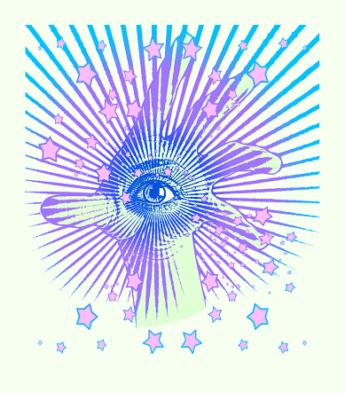 Psychedelic Hamsa Hand with Stars and Light Beams