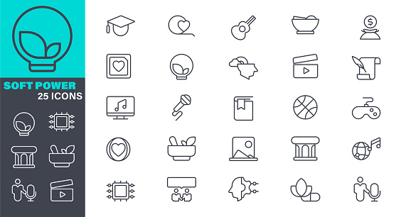 Soft power Line Icon set. 25 linear icon. Editable outline stroke. The set contains icons: Icon Symbol, Business, Icon Set, Media, Art, Brain, History, Health, Sports