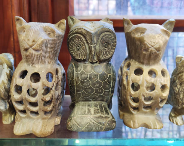 istock Decorative multicolored owl figurines on the shop window 2117326209