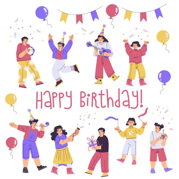 Vector illustration of Children at Happy Birthday Party Celebrating Holiday Vector Set