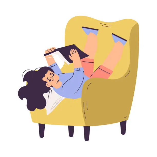 Vector illustration of Little Girl with Open Book Lying on Armchair Reading Interested with Story Vector Illustration