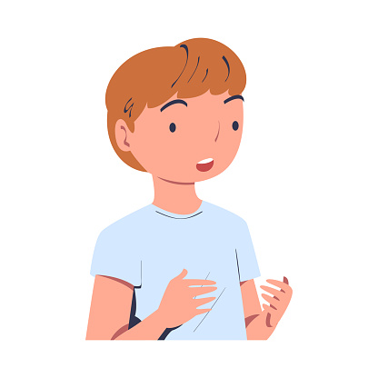 Little Puzzled Boy Talking to Somebody and Gesturing Vector Illustration. Kid Speaking to Someone Sharing Information Concept