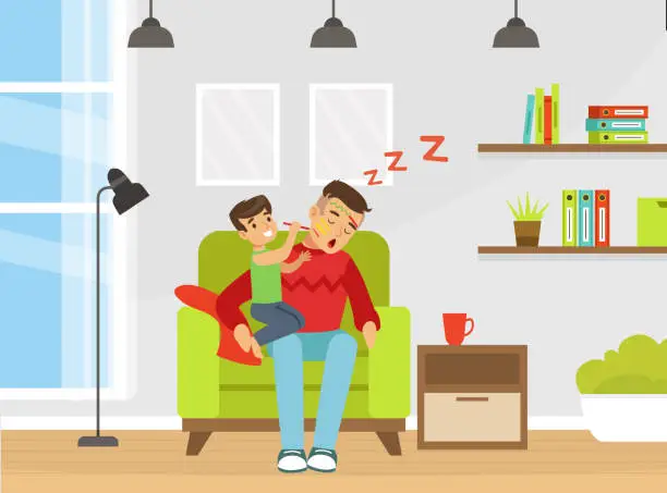 Vector illustration of Tired Man Dad Sleeping in Armchair with His Son Drawing with Felt Pen on His Face Vector Illustration