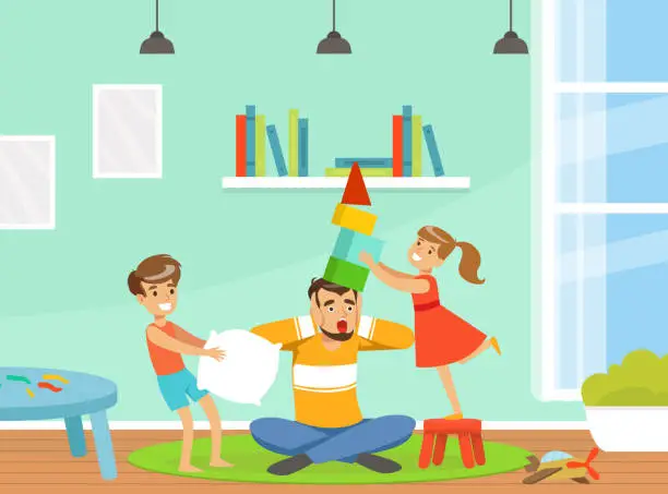 Vector illustration of Tired Man Dad Shouting with Naughty Children with Toy Blocks and Pillow Playing Around Vector Illustration