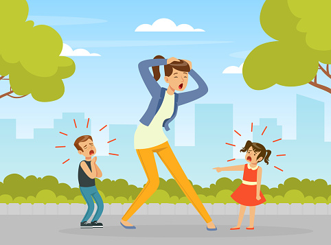 Tired Woman Mother Shouting Because of Crying Capricious Children Vector Illustration. Exhausted Female Parent Feeling Stressed of Noisy Hyperactive Kids