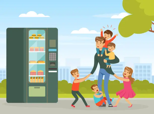 Vector illustration of Tired Man Dad with Naughty Children Near Vending Machine Begging to Buy Something Vector Illustration