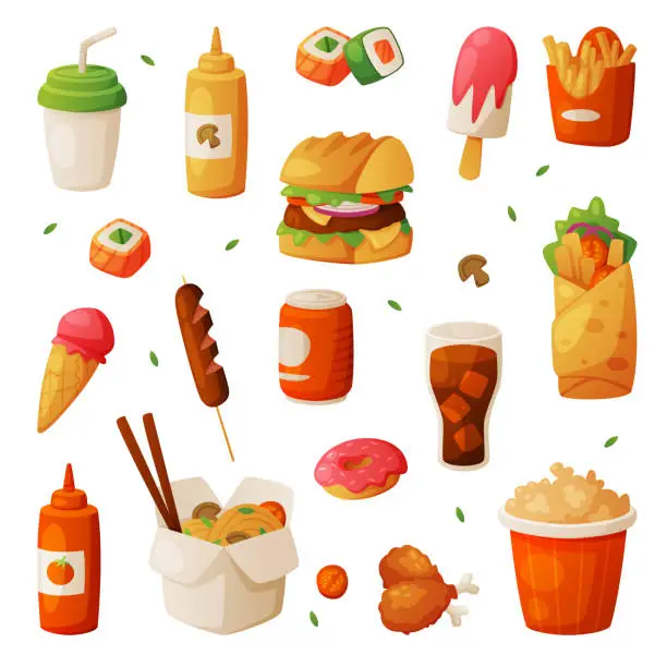 Vector illustration of Fast Food Lunch with Cooked Hamburger, Soda and Chinese Noodles Vector Set