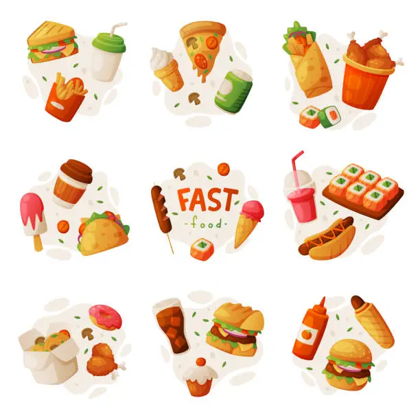 Vector illustration of Fast Food Lunch with Cooked Hamburger, Soda and Chinese Noodles Vector Composition Set