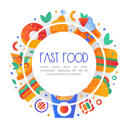 Fast Food Snack and Tasty Meal Round Banner Vector Template. Advertising Design for Restaurant or Bistro with Hamburger, Pizza and Donut Object Concept