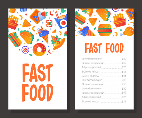 Fast Food Snack and Tasty Meal Vertical Menu Vector Template. Advertising Design for Restaurant or Bistro with Hamburger, Pizza and French Fries Object Concept