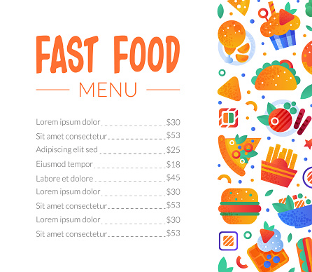 Fast Food Snack and Tasty Meal Menu with Price Vector Template. Advertising Design for Restaurant or Bistro with Hamburger, Pizza and French Fries Object Concept