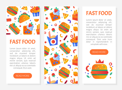 Fast Food Snack and Tasty Meal Web Banner with Button Vector Template. Advertising Design for Restaurant or Bistro with Hamburger, Noodles and French Fries Object Concept