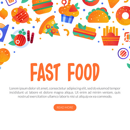 Fast Food Snack and Tasty Meal Web Banner with Button Vector Template. Advertising Design for Restaurant or Bistro with Hamburger, Pizza and French Fries Object Concept