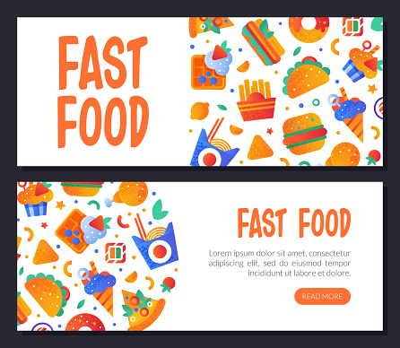 Fast Food Snack and Tasty Meal Web Banner with Button Vector Template. Advertising Design for Restaurant or Bistro with Hamburger, Pizza and French Fries Object Concept