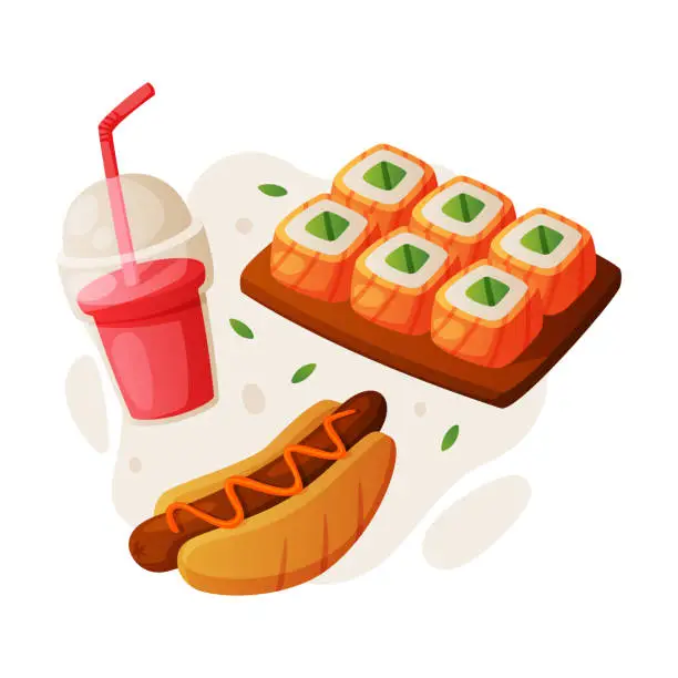 Vector illustration of Fast Food Lunch with Cooked Hot Dog, Sushi Roll with Salmon and Soda in Cup with Straw Vector Composition