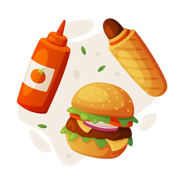 Vector illustration of Fast Food Lunch with Cooked Hamburger, Hot Dog and Ketchup Sauce Vector Composition