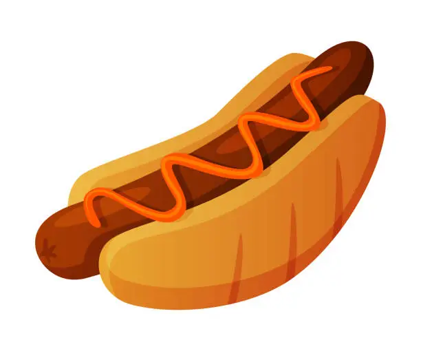 Vector illustration of Hot Dog with Sausage Inside Bun with Ketchup as Fast Food Lunch Vector Illustration