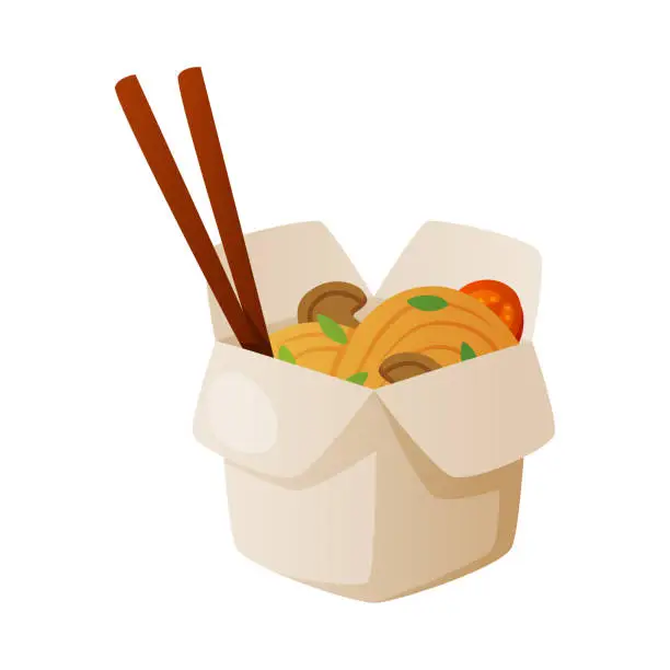 Vector illustration of Chinese Wok Noodles in Carton with Chopsticks as Fast Food Lunch Vector Illustration