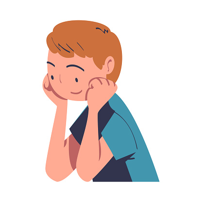 Happy Teen Boy Leaning Head on Hands Looking at Something and Smiling Vector Illustration. Kid Portrait Feeling Positive Emotion Concept
