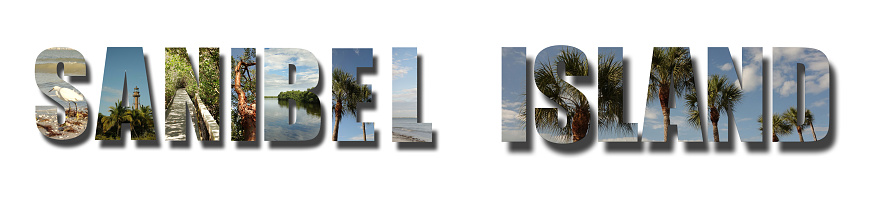 Header collage of images from Sanibel Island Florida, including the Darling National Wildlife Refuge, text with shadow isolated on white