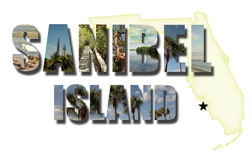 Collage of images from Sanibel Island Florida, including the Darling National Wildlife Refuge, text with state shape and star isolated on white