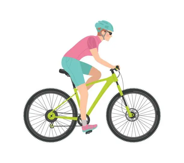 Vector illustration of A woman rides a bicycle. Sports, training, healthy lifestyle. Vector flat cartoon isolated illustration