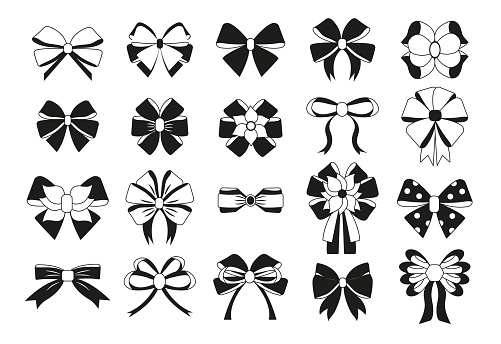 Black and white bows, gift bows. Decorative bows vector icon set. Simple hand drawn ribbon bow collection. Bowknot for decoration, big set.