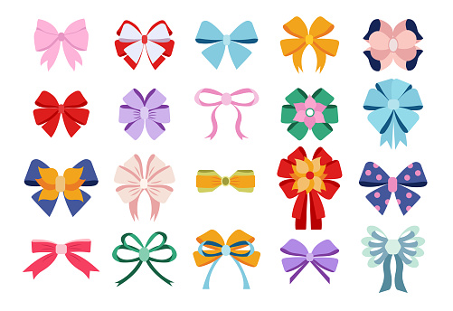 Colorful bows, gift bows. Simple hand drawn ribbon bow collection. Bowknot for decoration, big set.