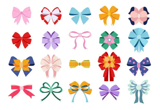 Vector illustration of Colorful bows, gift bows. Simple hand drawn ribbon bow collection. Bowknot for decoration, big set.