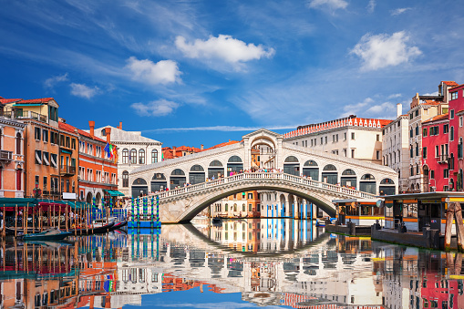 The Rialto bridge panorama at sunny day, Venice, Italy.