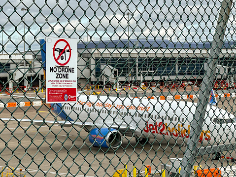 Birmingham, Worcestershire, UK - 15 March 2024: Warning sign in a No Drone Zone at Birmingham airport.