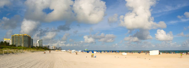 Miami Beach, Miami, Florida, USA - 1 December 2023: Panoramic view of the sand and beach umbrellas on Miami South Beach.