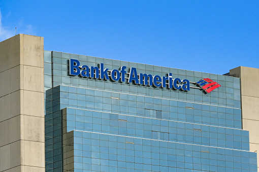 Miami, Florida, USA - 2 December 2023: Exterior view of the offices of Bank of America in the city
