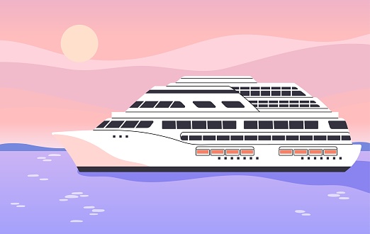 Sea cruise, voyage. Seafaring by vessel, people travel by ocean liner. Big white ship floating on water surface. Luxury cruiser in marine journey. Vacation resort tour. Flat vector illustration.