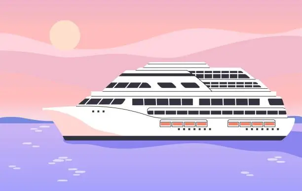 Vector illustration of Sea cruise, voyage. Seafaring by vessel, people travel by ocean liner. Big white ship floating on water surface. Luxury cruiser in marine journey. Vacation resort tour. Flat vector illustration