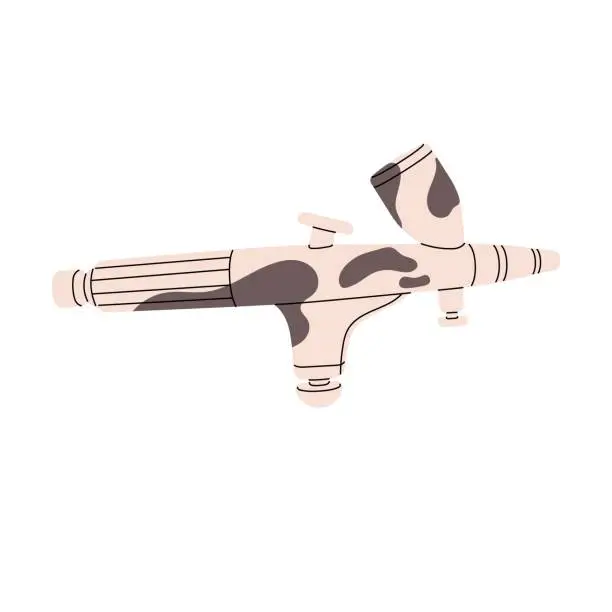 Vector illustration of Professional airbrush. Spray gun for car painting, bodywork equipment. Paint sprayer for drawing, art supplies. Makeup aerograph , covering tool. Flat isolated vector illustration on white background