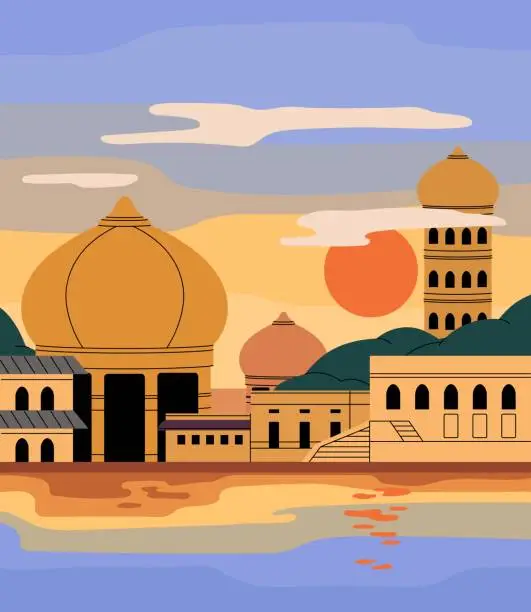 Vector illustration of Ancient Indian cityscape. Old city in India on water shore. Traditional arabian architecture: buildings, palaces, temples with golden domes. Sunset above Sri Lanka town. Flat vector illustration
