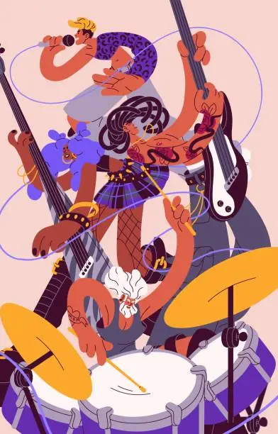 Vector illustration of Rock band on vertical poster. Musicians play music instruments: drum, electric guitar. Singer sings song with microphone, guitarists perform. Performers, artists in concert. Flat vector illustration